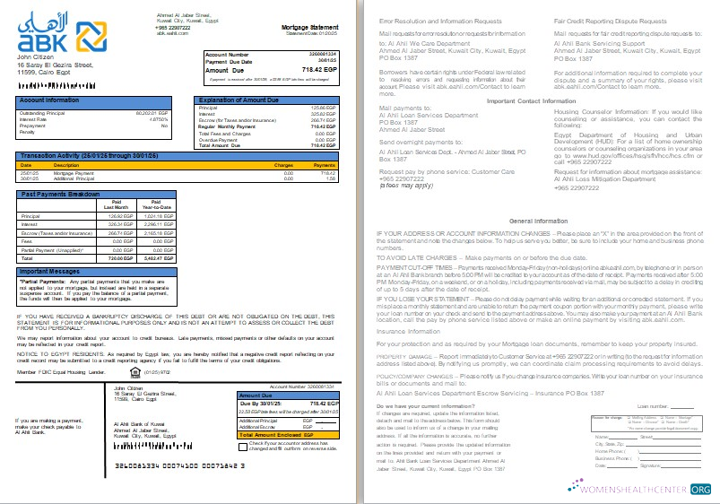 Download Egypt Al Ahli Bank of Kuwait bank mortgage statement, 2 pages, 1 2 scr Photoshop template